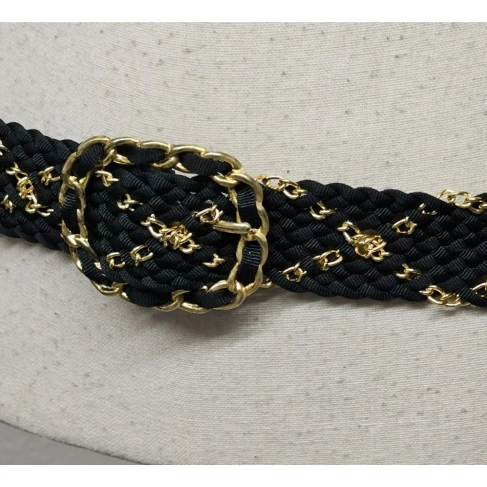 Vintage ROC Wide Black Gold Braided Chain Fashion Belt 80s 90s L /42" Glam - Picture 2 of 8